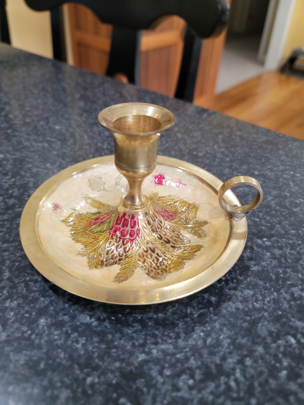 Vintage enameled brass chamberstick or finger-loop candle holder